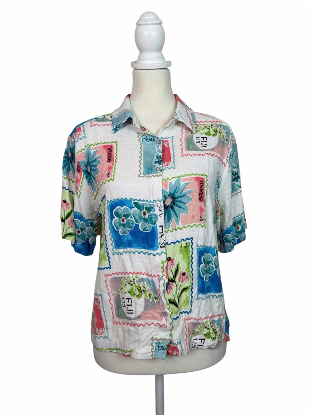 Jane + Delancey Postage Stamp Floral Button-Up Shirt Size M Coastal Travel